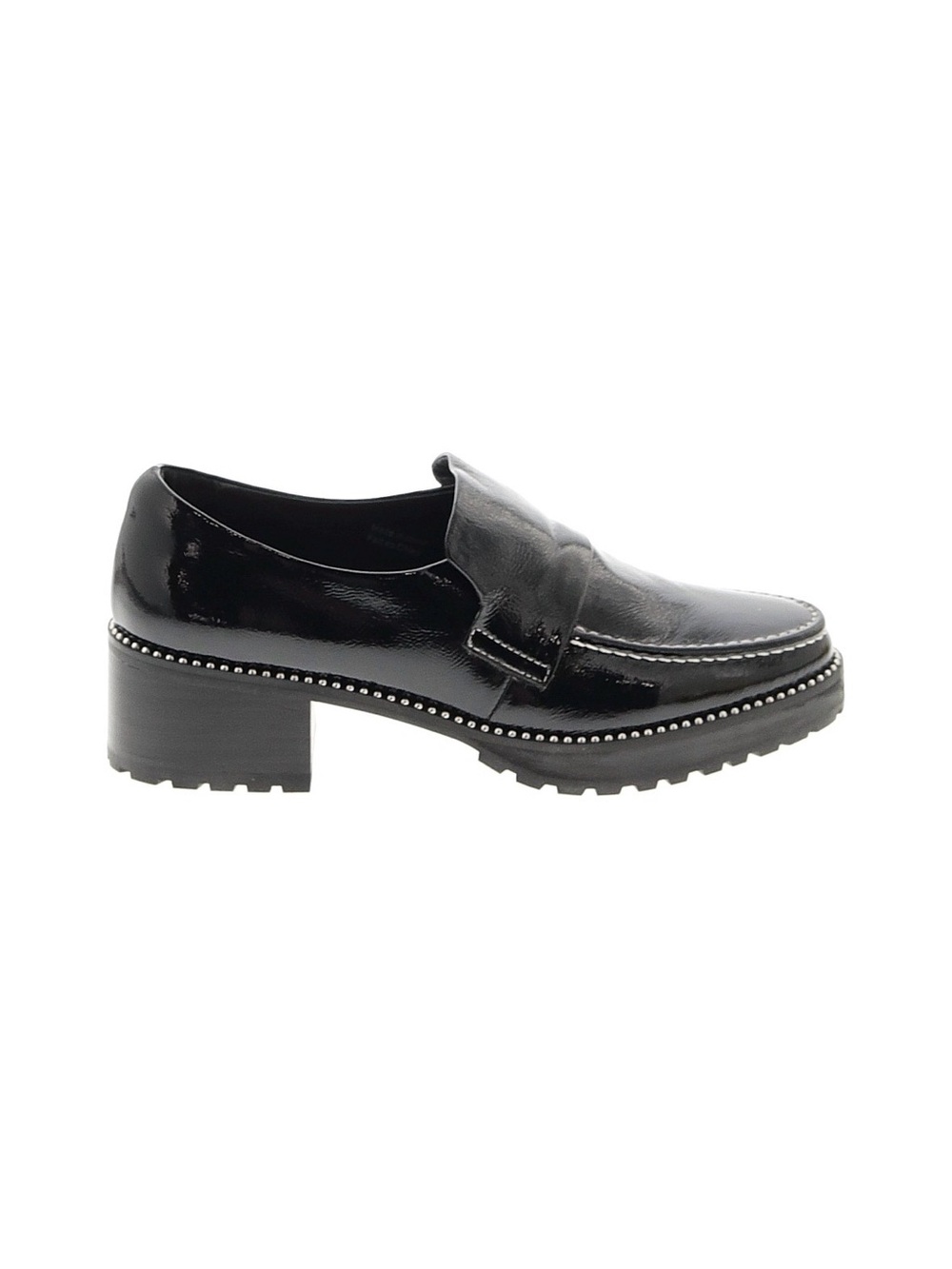Black Patent Block Heel Loafer with Stud Trim